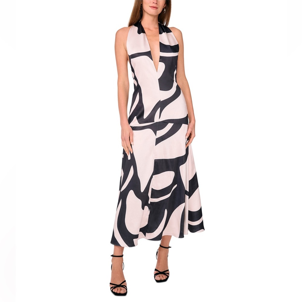 Parker The Nia Abstract Print Sleeveless Halter Maxi Dress in Rich Black Size 2